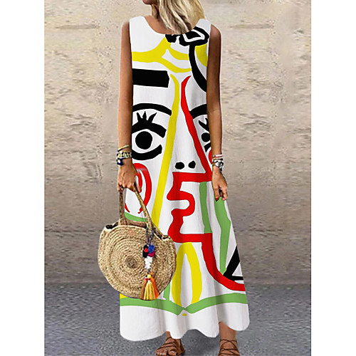 

Women's Shift Dress Maxi long Dress Yellow Sleeveless Print Color Block Print Spring Summer Round Neck Casual 2021 S M L XL XXL 3XL