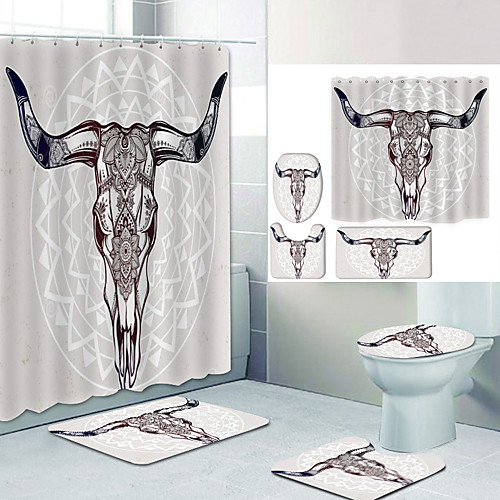 

Horned Bull Head Digital Printing Four-piece Set Shower Curtains and Hooks Modern Polyester Machine Made Waterproof Bathroom