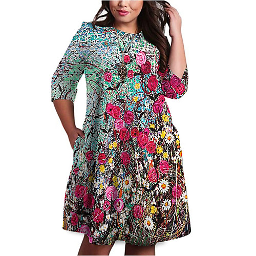 

Women's Plus Size Dresses Shift Dress Knee Length Dress 3/4 Length Sleeve Floral Graphic Print Basic Fall Green XL XXL 3XL 4XL 5XL / Holiday