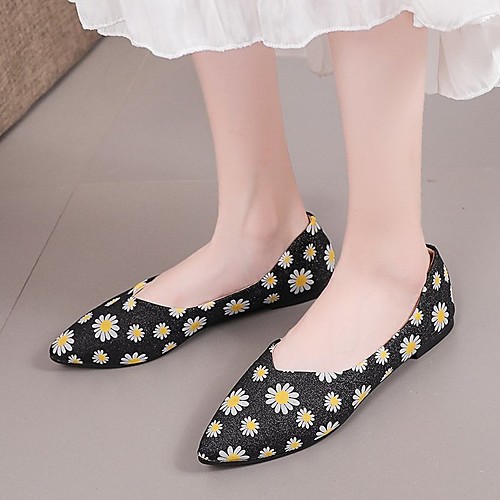

Women's Sandals Flat Heel Pointed Toe PU Floral Black Red Gold