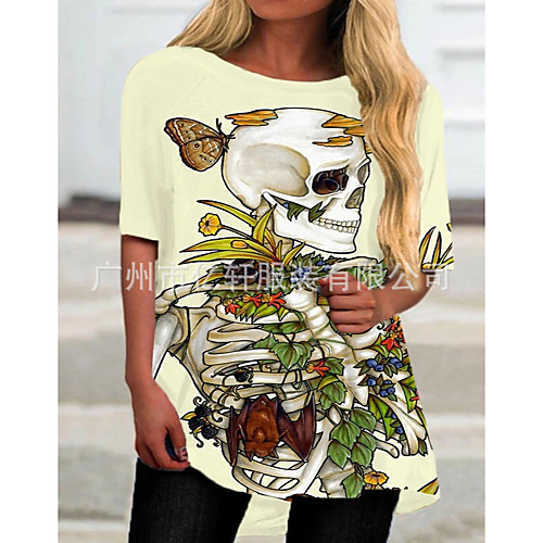 

(71-75) 2021 aliexpress summer cross-border skull print half sleeve round neck irregular ladies t-shirt base