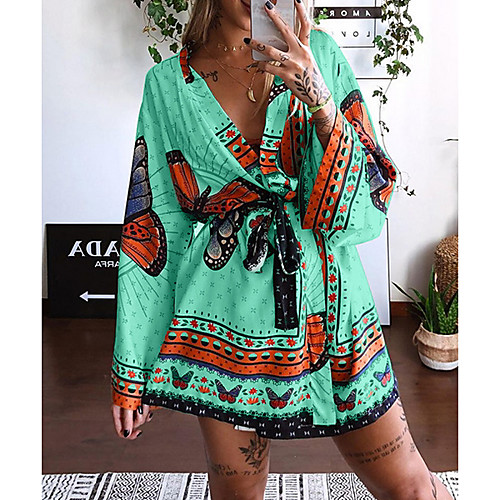 

Women's Wrap Dress Short Mini Dress White Blue Green Long Sleeve Animal Lace up Print Spring Summer V Neck Elegant Casual 2021 S M L XL