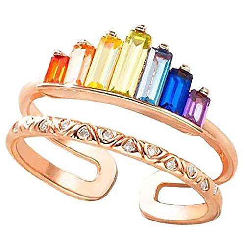 

xym rainbow ring double band, adjustable wide band stacking rainbow rings for women, adjustable opening rose gold colorful ring