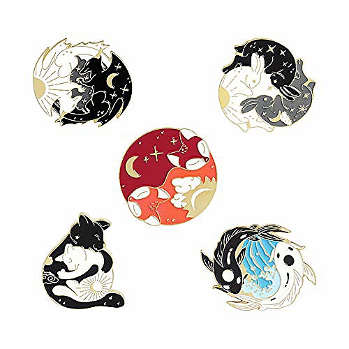 

cartoon yin yang enamel pins sets -cute cat brooch pins for women men lovely hugging circle rabbits fish fox dinosaur lapel pins badges accessories gifts