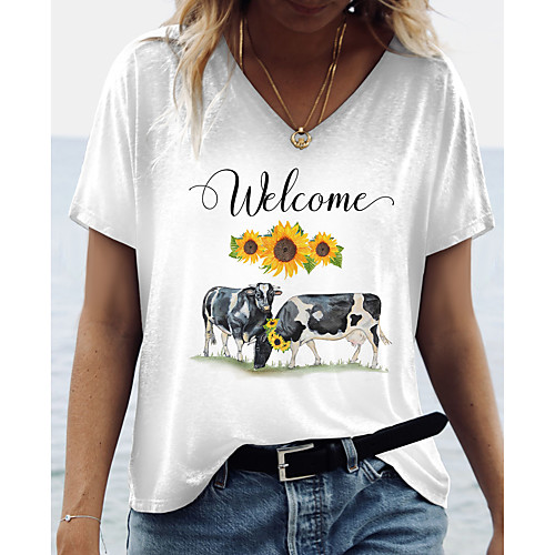 

Women's T shirt Floral Letter Animal Print V Neck Tops Basic Basic Top White