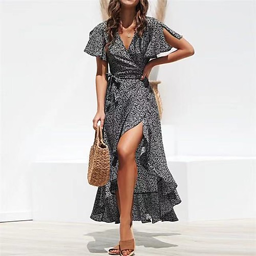 

amazon european and american cross-border new product female wave dot printing high waist lace v-neck chiffon large irregular dress
