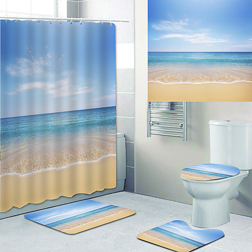 

Beautiful Sea View Printed Bathtub Curtain liner Covered with Waterproof Fabric shower Curtain for Bathroom home Decoration with hook floor mat and four-piece Toilet mat