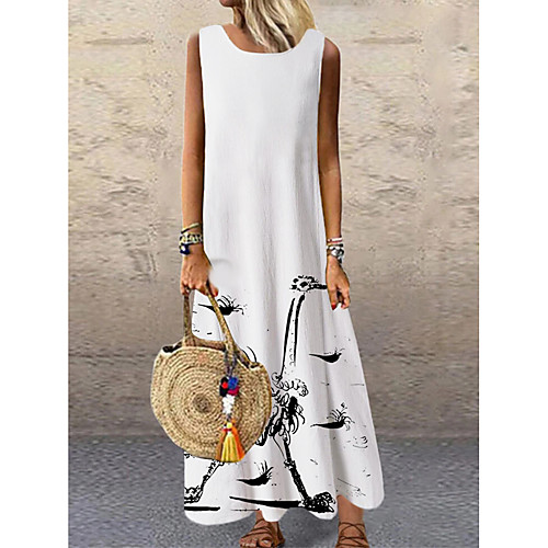 

Women's Shift Dress Maxi long Dress White Black Sleeveless Print Color Block Print Spring Summer Round Neck Casual 2021 S M L XL XXL 3XL