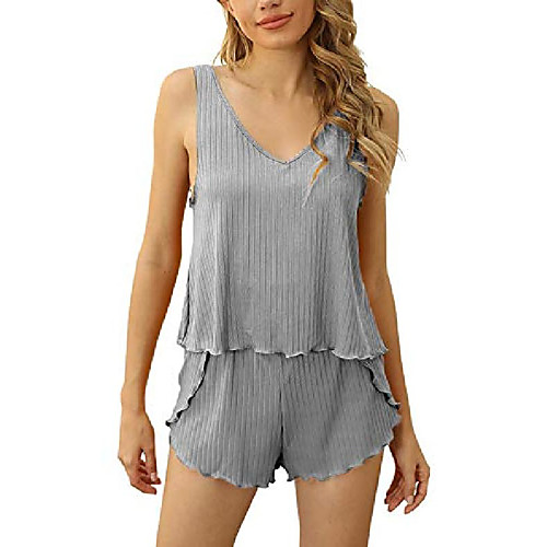 

jonivey women's ribbed 2 piece outfit plain basic sleeveless crop top shorts set (light grey,xl)