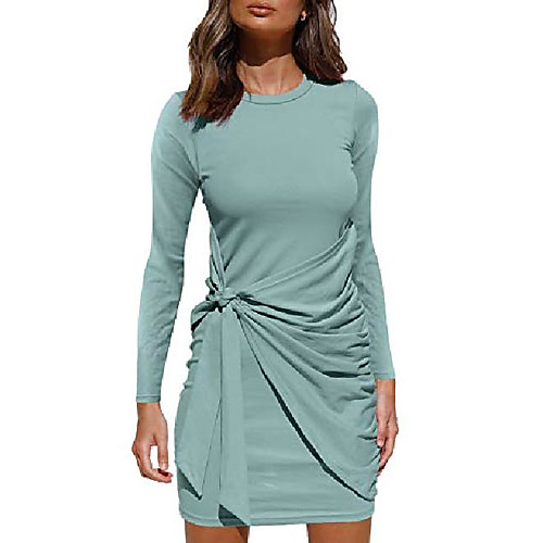 

lillusory women's casual long sleeve fall winter crewneck bodycon ruched tie waist mini dress