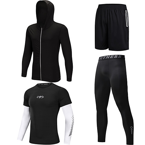 

Men's Zipper Pocket Activewear Set Athletic 4pcs Summer Long Sleeve Spandex Quick Dry Breathable Sweat Out Gym Workout Running Active Training Jogging Training Sportswear Normal Hoodie Black Grey