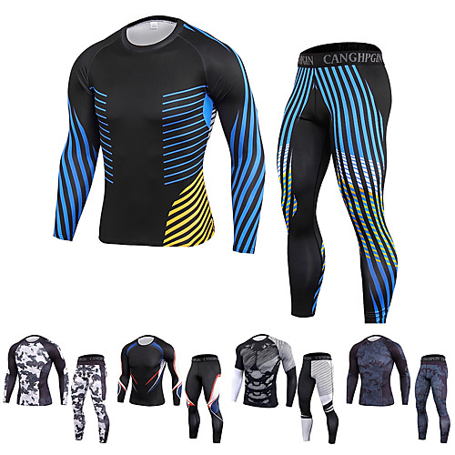 

Men's 2 Piece Patchwork Activewear Set Compression Suit Athletic Athleisure Long Sleeve 2pcs Winter Spandex Breathable Quick Dry Moisture Wicking Fitness Gym Workout Running Training Exercise