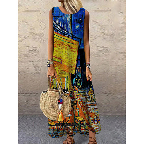 

Women's Shift Dress Maxi long Dress Blue Sleeveless Print Color Block Print Spring Summer Round Neck Casual 2021 S M L XL XXL 3XL