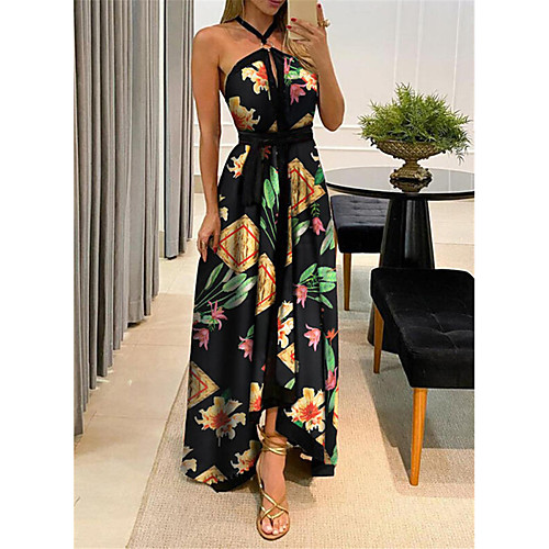 

amazon wish foreign trade summer new style 2021 women's dress black print high waist irregular women's dress