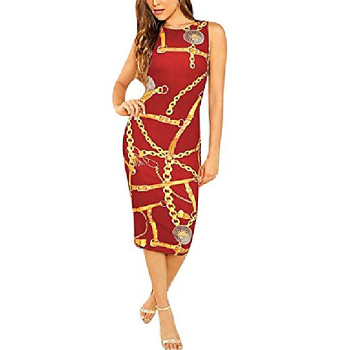 

pursuitlight women's crew neck dress chain print clubwear sleeveless skinny dress red wine