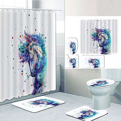 

Color Unicorn Horse Digital Printing Four-piece Set Shower Curtains and Hooks Modern Polyester Machine Made Waterproof Bathroom