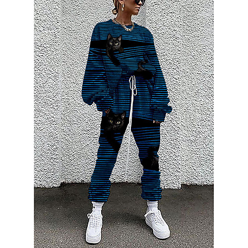 

Women's Streetwear Cinched Striped Cat 3D Going out Casual / Daily Two Piece Set Sweatshirt Pant Drawstring Print Tops