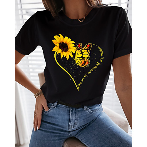 

Women's T shirt Floral Butterfly Heart Print Round Neck Tops Basic Basic Top White Black