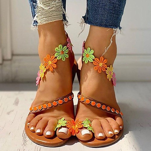 

Women's Sandals Boho Bohemia Beach Flat Heel Round Toe PU Lace Flower Floral Rainbow