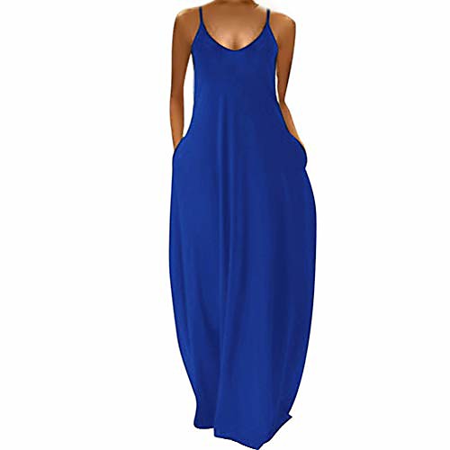 

women's casual maxi dress sexy stripe v-neck sleeveless long dress plus size cami dress with pockets blue