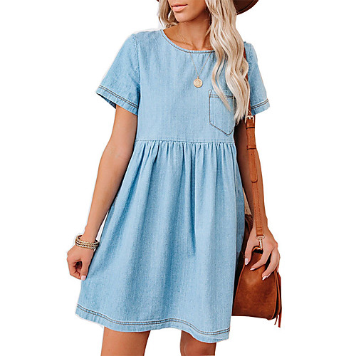 

2021 european and american independent station loose babydoll short-sleeved denim dress female round neck amazon spring and summer new