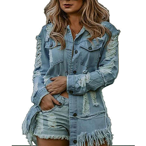 

cross-border autumn and winter ins new ripped tassel denim jacket sexy bag hips europe and america amazon denim jacket women