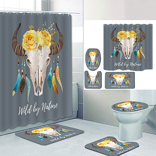 

Yellow ox Head Digital Printing Four-piece Set Shower Curtains and Hooks Modern Polyester Machine Made Waterproof Bathroom