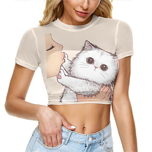

Women's Crop Tshirt Cat Animal Mesh Print Round Neck Tops Basic Basic Top Khaki Light gray Beige