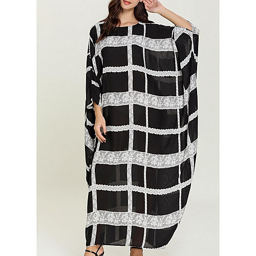 

Women's Kaftan Dress Maxi long Dress Black Long Sleeve Striped Print Summer Round Neck Casual 2021 One-Size