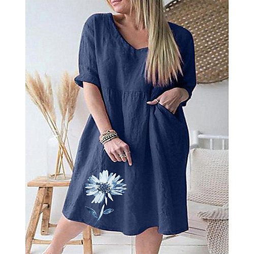 

2021 new product amazon wish aliexpress hot sale chrysanthemum three-quarter sleeves v-neck solid color cotton and linen loose dress