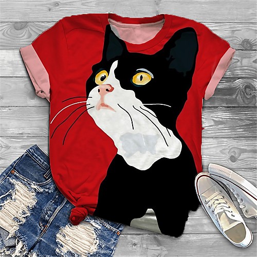 

Women's Plus Size Print Cat Graphic Animal T shirt Large Size Crewneck Short Sleeve Basic Tops XL XXL 3XL Red Big Size