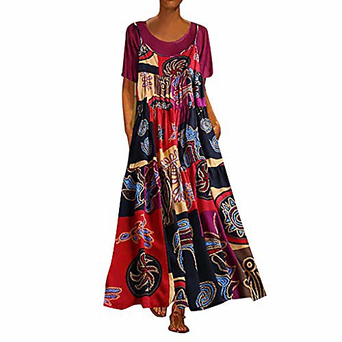 

deatu maxi dresses for women, plus size linen long dress casual loose patchwork two-piece print vintage with sleeve(a-hot pink,xxxxl)