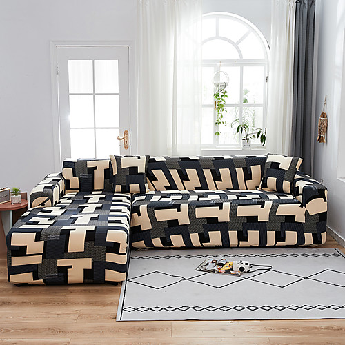 

Grid Puzzle Print Dustproof All-powerful Stretch L Shape Sofa Cover Super Soft Fabric Sofa Furniture Protector with One Free Boster Case