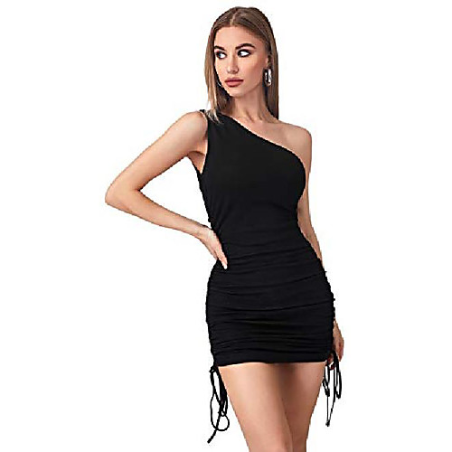 

shein women's one shoulder ruched mini bodycon dress sleeveless drawstring short dresses black small