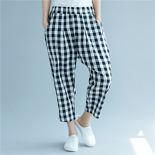 

Women's Basic Casual / Sporty Comfort Going out Weekend Chinos Pants Plaid Ankle-Length Pocket Elastic Waist Black / White