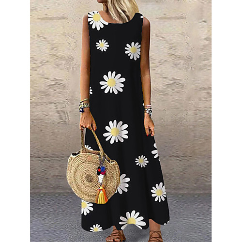 

Women's Shift Dress Maxi long Dress White Black Sleeveless Floral Print Print Spring Summer Round Neck Casual 2021 S M L XL XXL 3XL