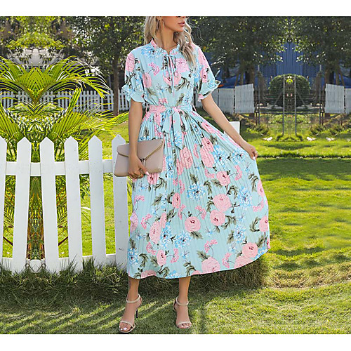 

Women's A Line Dress Midi Dress Blushing Pink Green Half Sleeve Floral Summer Round Neck Elegant 2021 S M L XL