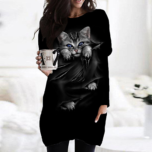 

Women's Shift Dress Short Mini Dress Black Long Sleeve Cat Animal Print Fall Spring Round Neck Casual 3D Print S M L XL XXL 3XL