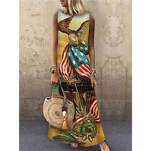 

Women's Shift Dress Maxi long Dress Yellow Sleeveless Flag Animal Print Spring Summer Round Neck Casual 2021 S M L XL XXL 3XL