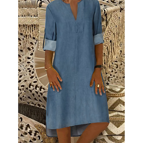 

Women's Denim Dress Knee Length Dress Light Blue 3/4 Length Sleeve Solid Color Denim Spring Summer V Neck Denim 2021 S M L XL XXL 3XL