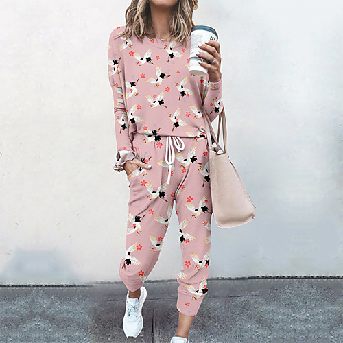 

Women's Streetwear Cinched Floral Print Going out Casual / Daily Two Piece Set Sweatshirt Tracksuit Pant Loungewear Drawstring Print Tops