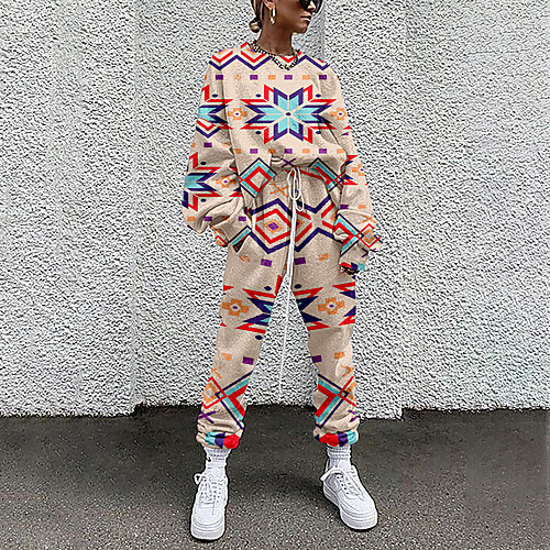 

Women's Streetwear Cinched Geometric Going out Casual / Daily Two Piece Set Sweatshirt Tracksuit Pant Loungewear Drawstring Print Tops