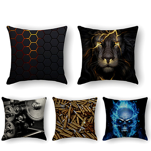 

Cushion Cover 5PC Linen Soft Decorative Square Throw Pillow Cover Cushion Case Pillowcase for Sofa Bedroom 45 x 45 cm (18 x 18 Inch) Superior Quality Machine Washable Lion Horn Skull