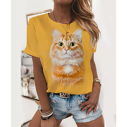 

Women's T shirt Cat Graphic 3D Print Round Neck Tops Basic Basic Top Black Yellow Orange