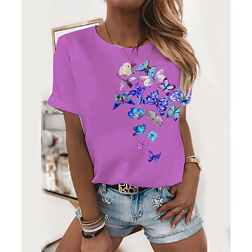 

Women's T shirt Graphic Butterfly Print Round Neck Tops Basic Basic Top Fuchsia