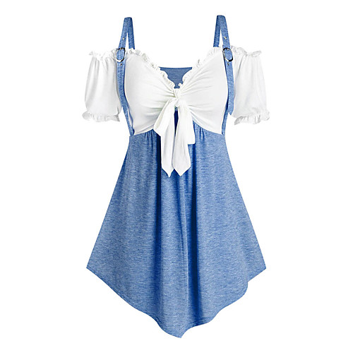 

Women's Plus Size Drawstring Bow Color Block T shirt Large Size V Neck Tops L XL 2XL Big Size