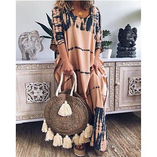 

2020 amazon wish hot style european and american summer new women's loose round neck print long skirt dress
