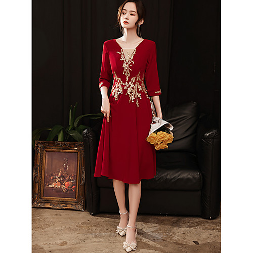 

A-Line Reformation Amante Floral Homecoming Cocktail Party Dress V Neck 3/4 Length Sleeve Knee Length Stretch Fabric with Appliques 2021