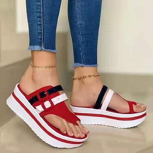 

Women's Slippers & Flip-Flops Wedge Heel Open Toe PU Color Block Black Red