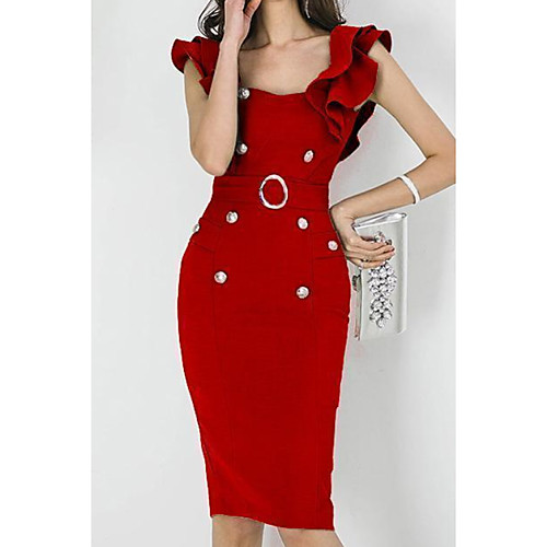 

Women's Sheath Dress Knee Length Dress Red Blushing Pink Sleeveless Solid Color Ruffle Button Spring Summer Square Neck Casual 2021 S M L XL XXL